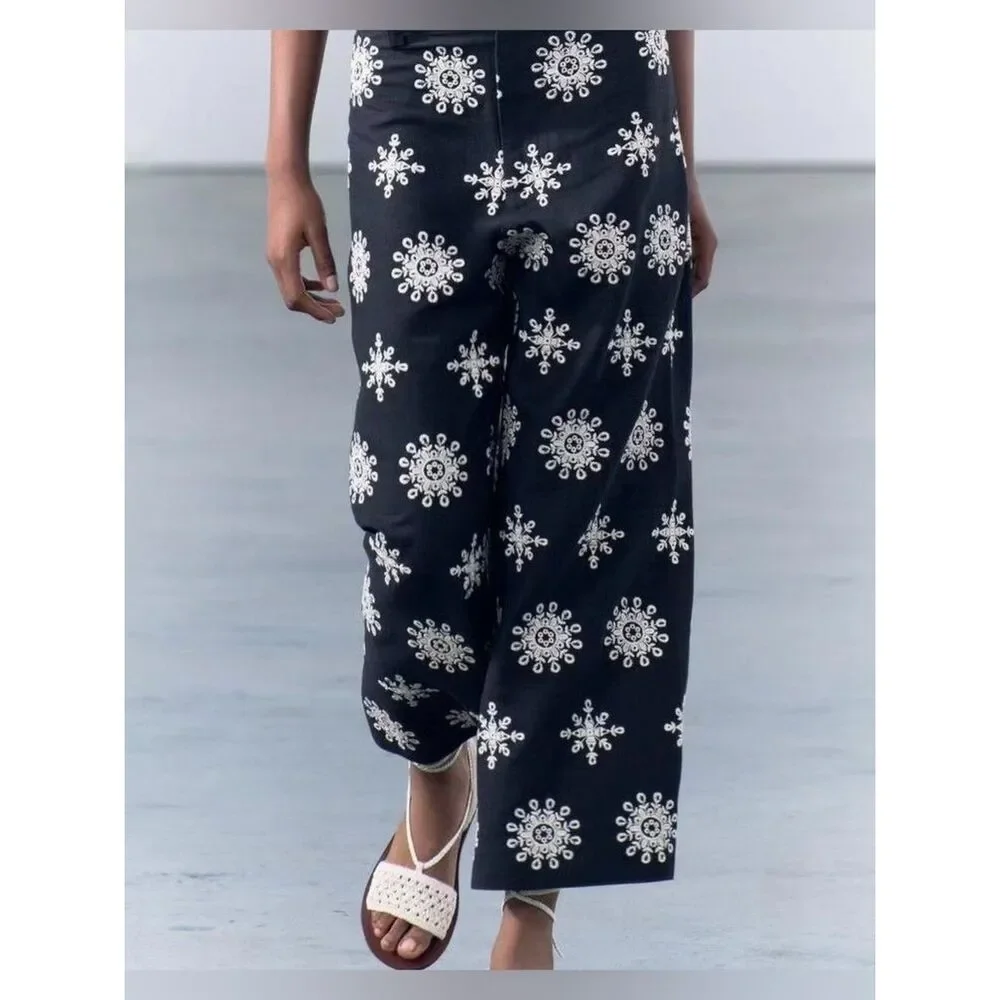 ZARA CONTRAST EMBROIDERED CULOTTES ZW COLLECTION NAVY BLUE